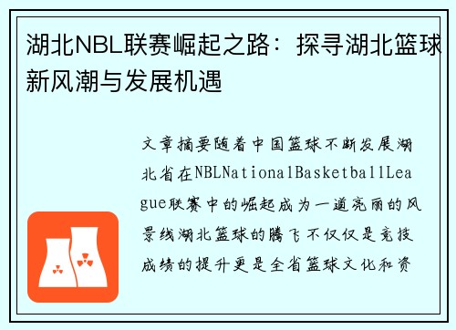 湖北NBL联赛崛起之路：探寻湖北篮球新风潮与发展机遇