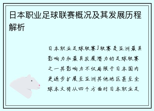 日本职业足球联赛概况及其发展历程解析